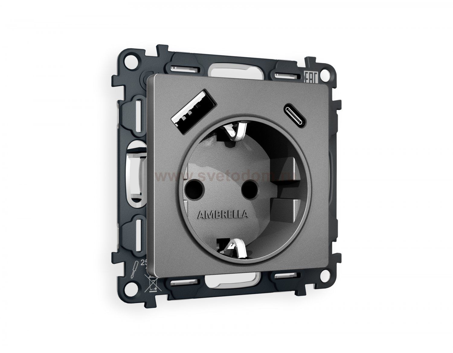 Комплект механизма электрической розетки ALFA MA660010 Антрацит серый 2USB A+C 20W быстрая зарядка с заземлением и шторками 2P+E 16A-250V QUANT Ambrella Volt