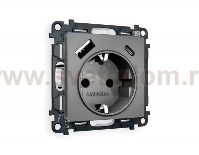 Комплект механизма электрической розетки ALFA MA660010 Антрацит серый 2USB A+C 20W быстрая зарядка с заземлением и шторками 2P+E 16A-250V QUANT Ambrella Volt