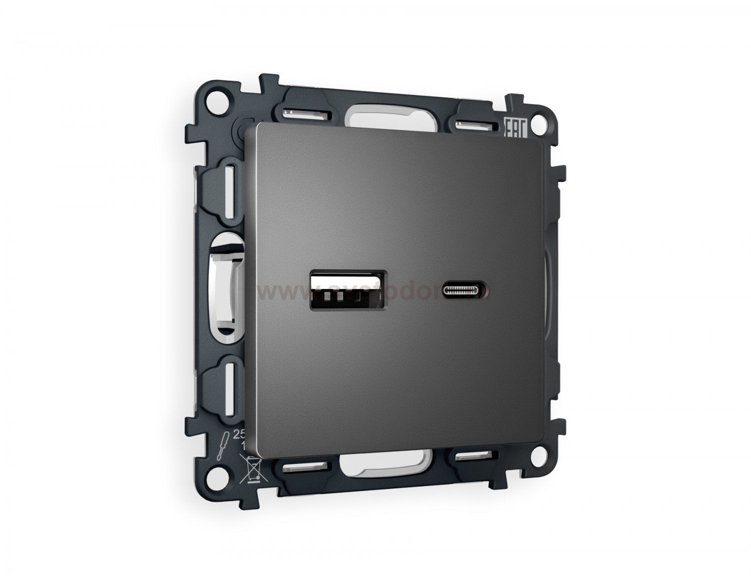 Комплект механизма розетки ALFA MA661010 Антрацит серый 2USB A+C 20W быстрая зарядка QUANT Ambrella Volt