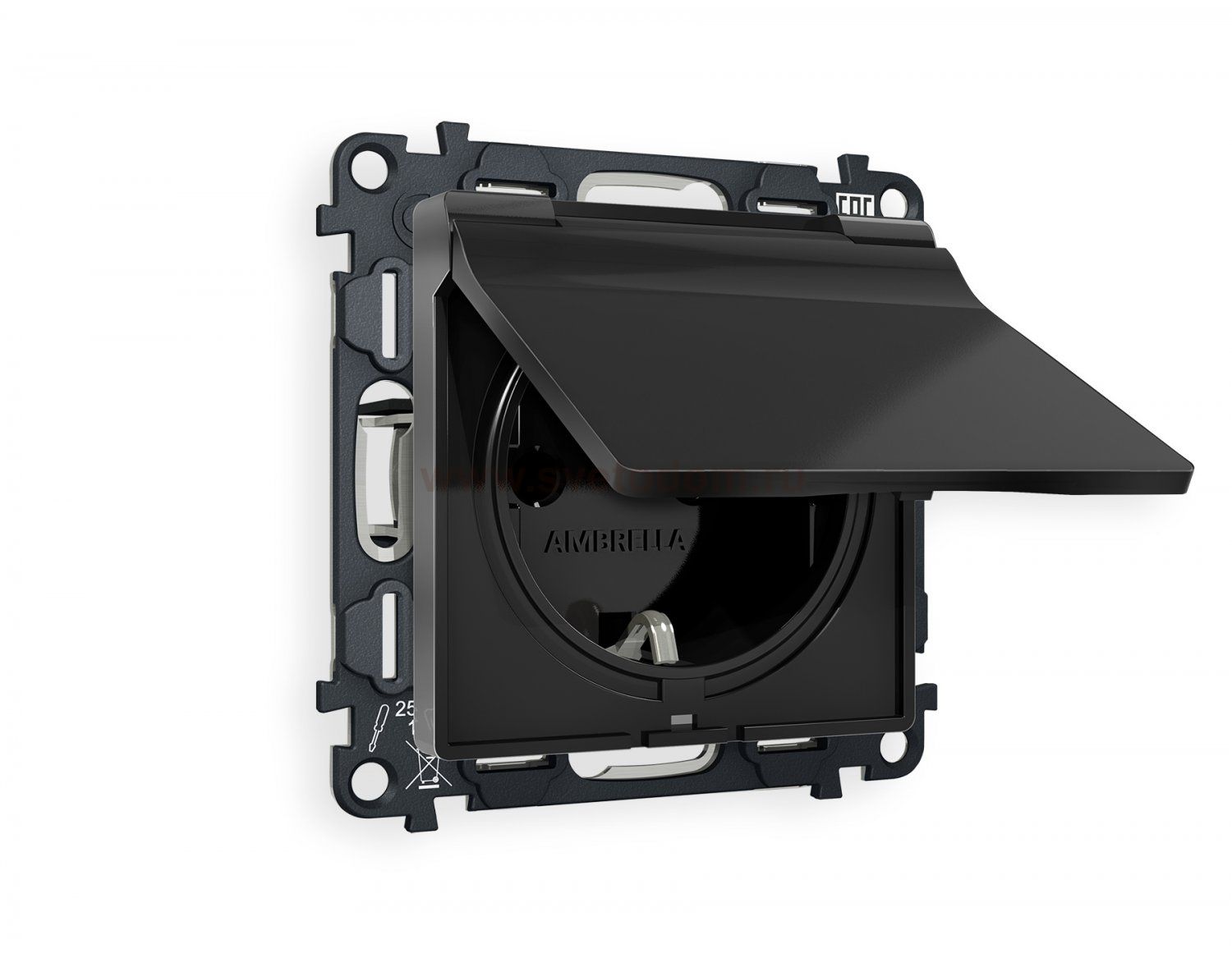 Комплект механизма электрической розетки ALFA MA808010 Черный матовый  с заземлением с шторками и защитной крышкой 2P+E 16A-250V IP44 QUANT Ambrella Volt