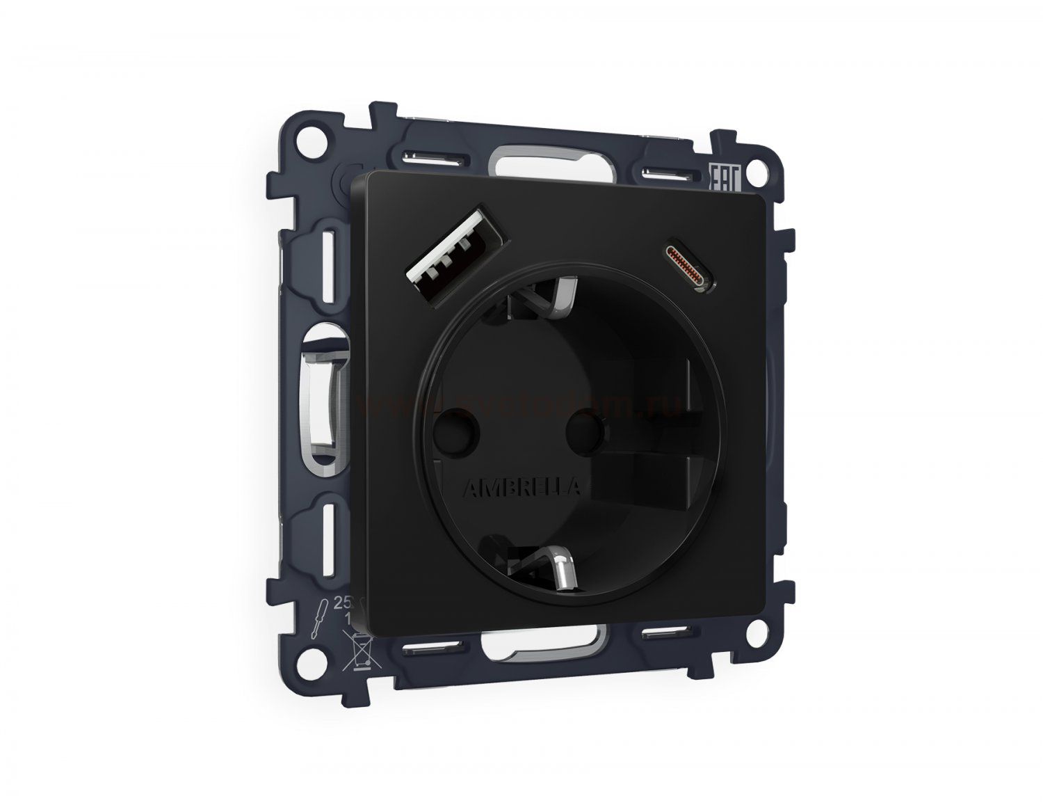 Комплект механизма электрической розетки ALFA MA810010 Черный матовый 2USB A+C 20W быстрая зарядка с заземлением и шторками 2P+E 16A-250V QUANT Ambrella Volt