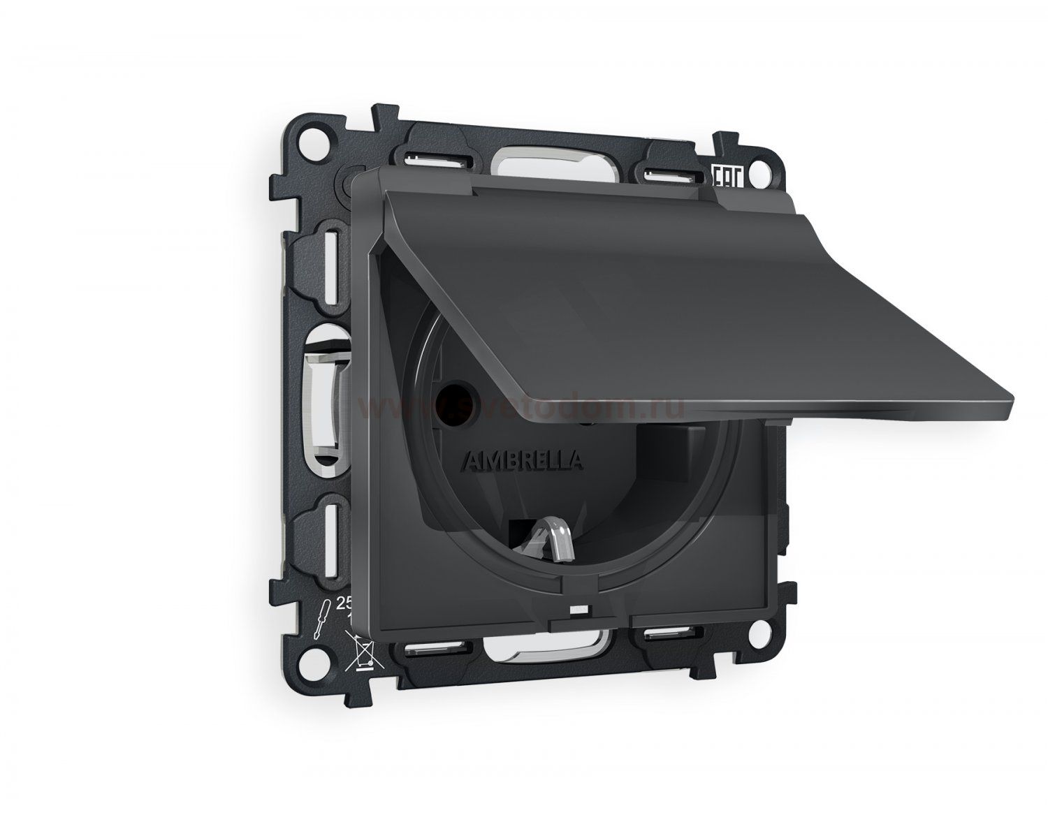 Комплект механизма электрической розетки ALFA MA908010 Графит мягкое касание с заземлением с шторками и защитной крышкой 2P+E 16A-250V IP44 QUANT Ambrella Volt