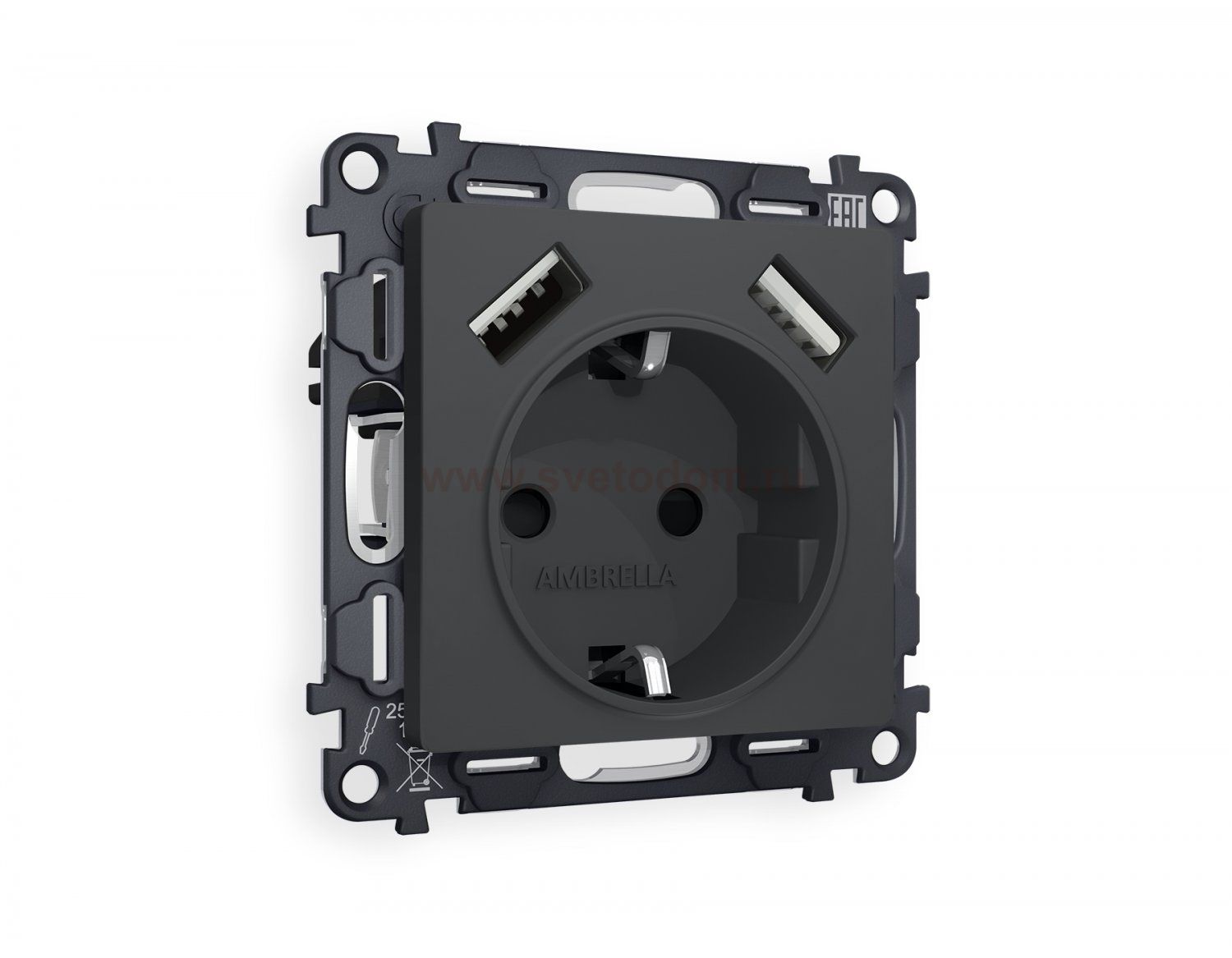 Комплект механизма электрической розетки ALFA MA909010 Графит мягкое касание 2USB A+A 18W быстрая зарядка с заземлением и шторками 2P+E 16A-250V QUANT Ambrella Volt