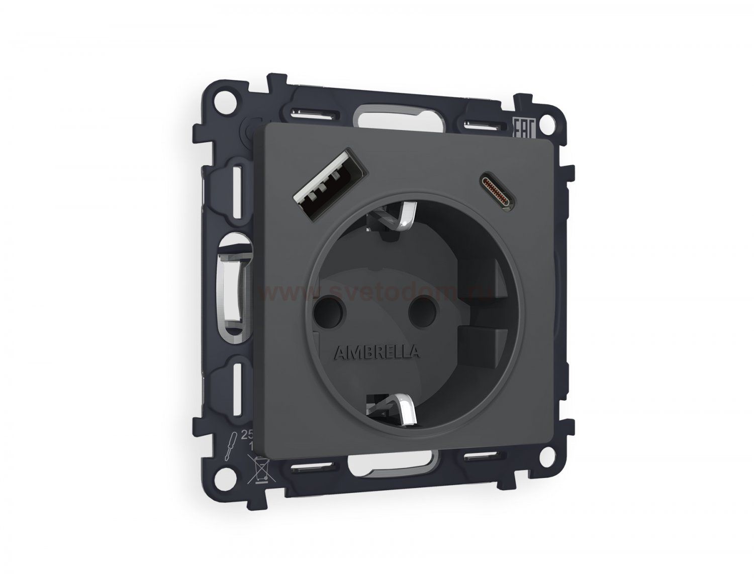 Комплект механизма электрической розетки ALFA MA910010 Графит мягкое касание 2USB A+C 20W быстрая зарядка с заземлением и шторками 2P+E 16A-250V QUANT Ambrella Volt