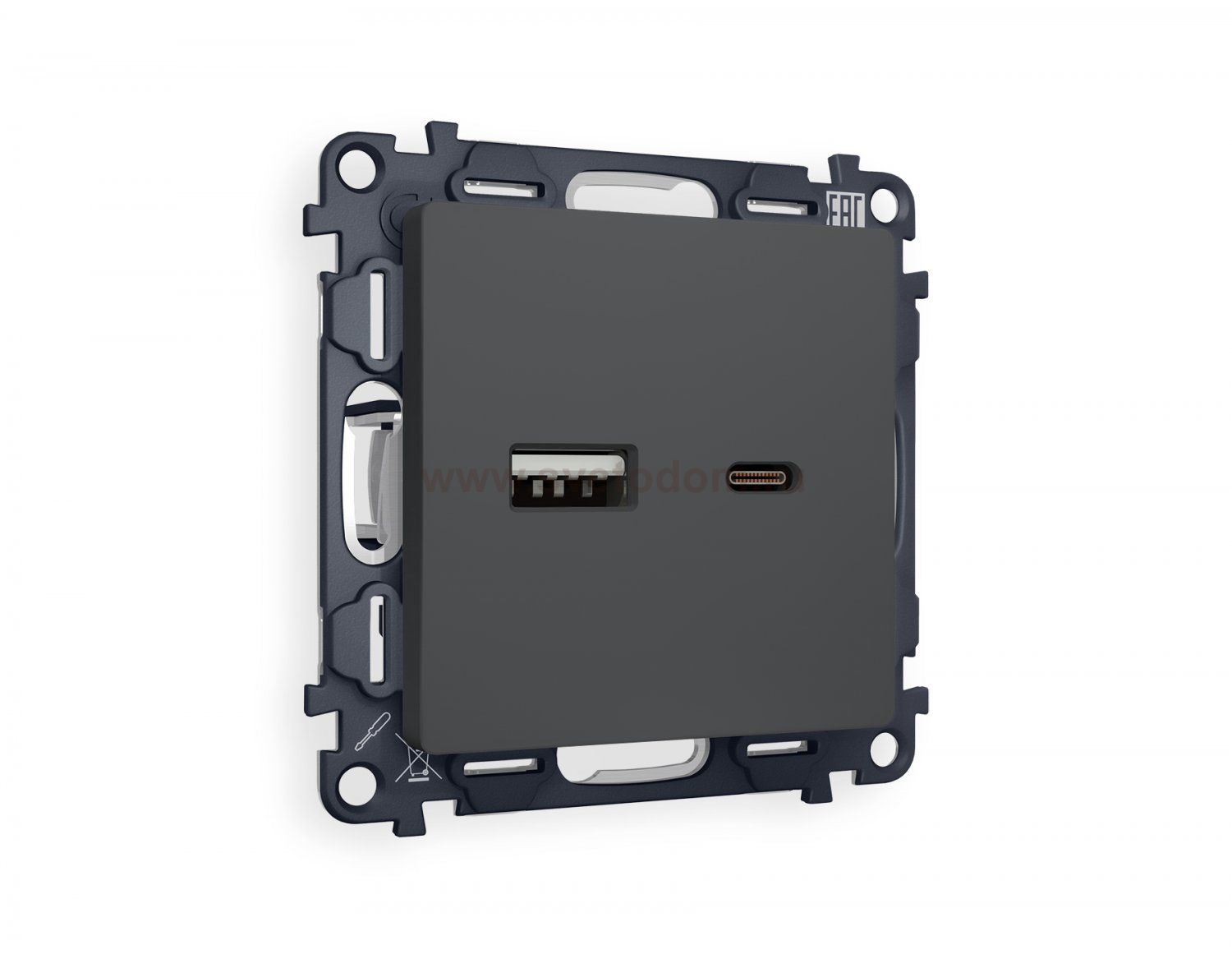 Комплект механизма розетки ALFA MA911010 Графит мягкое касание 2USB A+C 20W быстрая зарядка QUANT Ambrella Volt