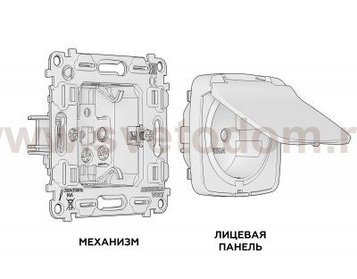 Комплект механизма электрической розетки OMEGA MO108010 Белый глянец с заземлением с шторками и защитной крышкой 2P+E 16A-250V IP44 QUANT Ambrella Volt