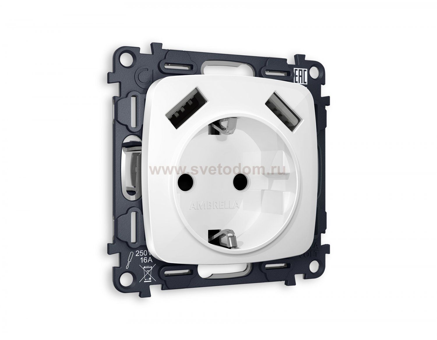 Комплект механизма электрической розетки OMEGA MO109010 Белый глянец 2USB A+A 18W быстрая зарядка с заземлением и шторками 2P+E 16A-250V QUANT Ambrella Volt