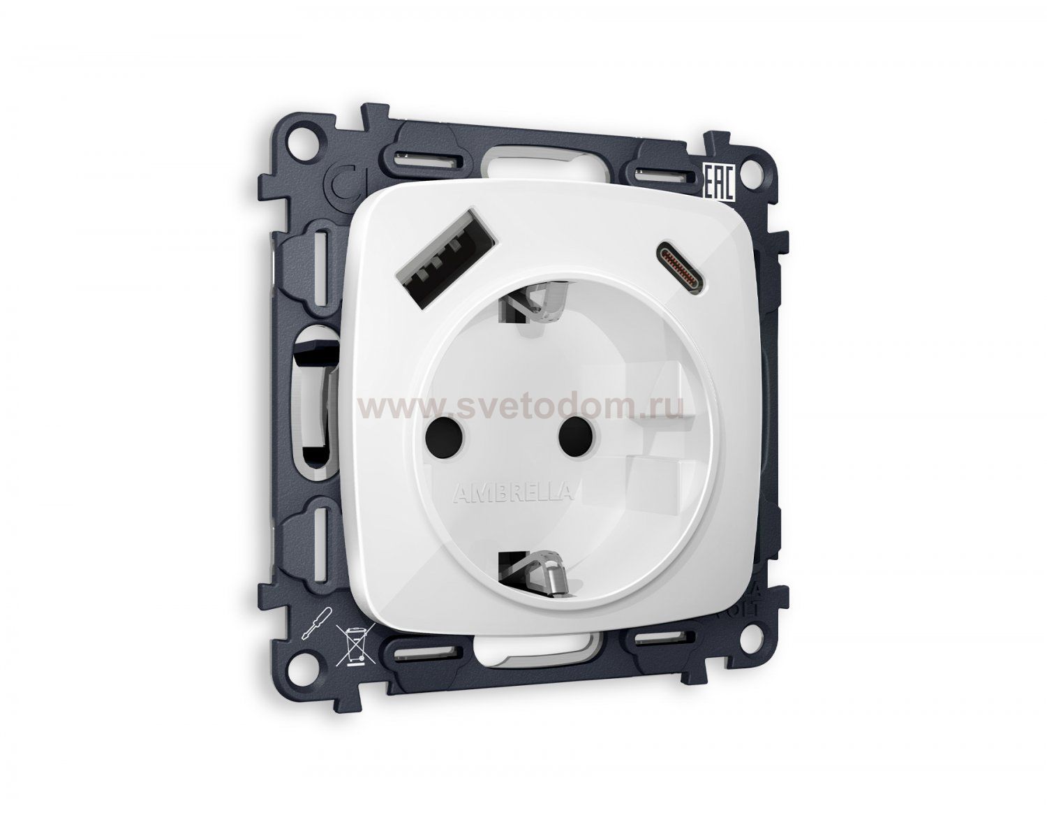 Комплект механизма электрической розетки OMEGA MO110010 Белый глянец 2USB A+C 20W быстрая зарядка с заземлением и шторками 2P+E 16A-250V QUANT Ambrella Volt