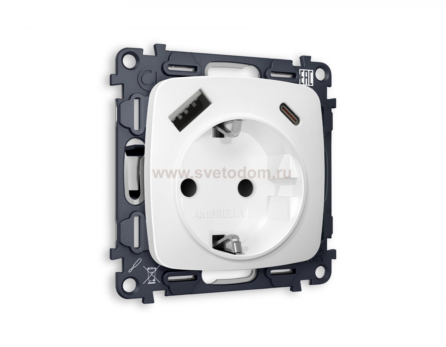 Комплект механизма электрической розетки OMEGA MO130010 Белый матовый 2USB A+C 20W быстрая зарядка с заземлением со шторками 2P+E 16A-250V QUANT Ambrella Volt