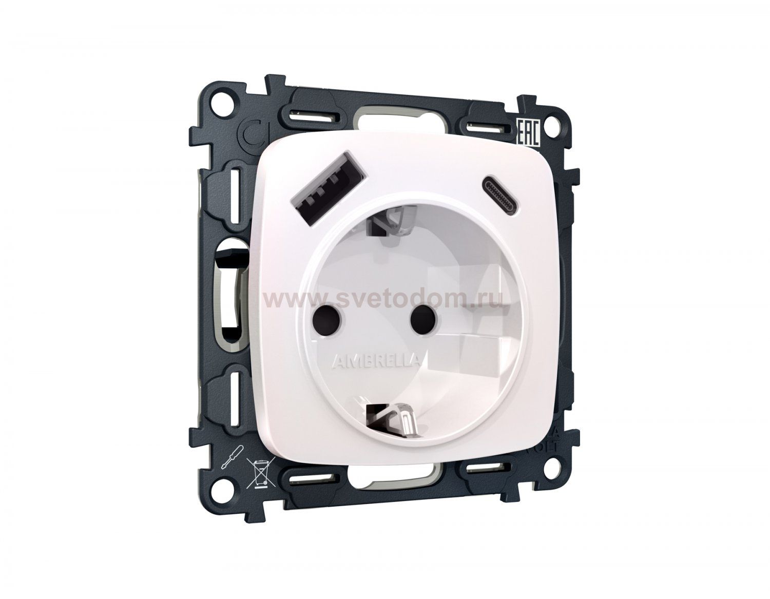 Комплект механизма электрической розетки OMEGA MO210010 Жемчуг 2USB A+C 20W быстрая зарядка с заземлением и шторками 2P+E 16A-250V QUANT Ambrella Volt