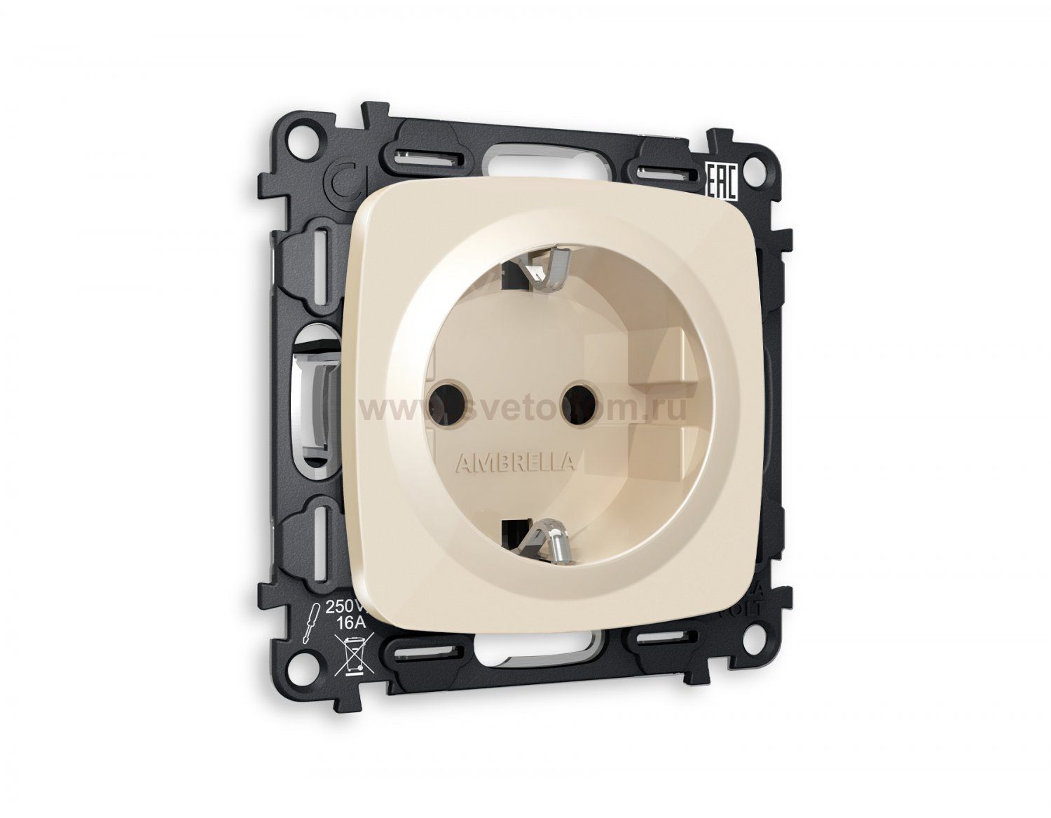 Комплект механизма электрической розетки OMEGA MO306010 Бежевый глянец с заземлением на винтовых зажимах 2P+E 16A-250V QUANT Ambrella Volt