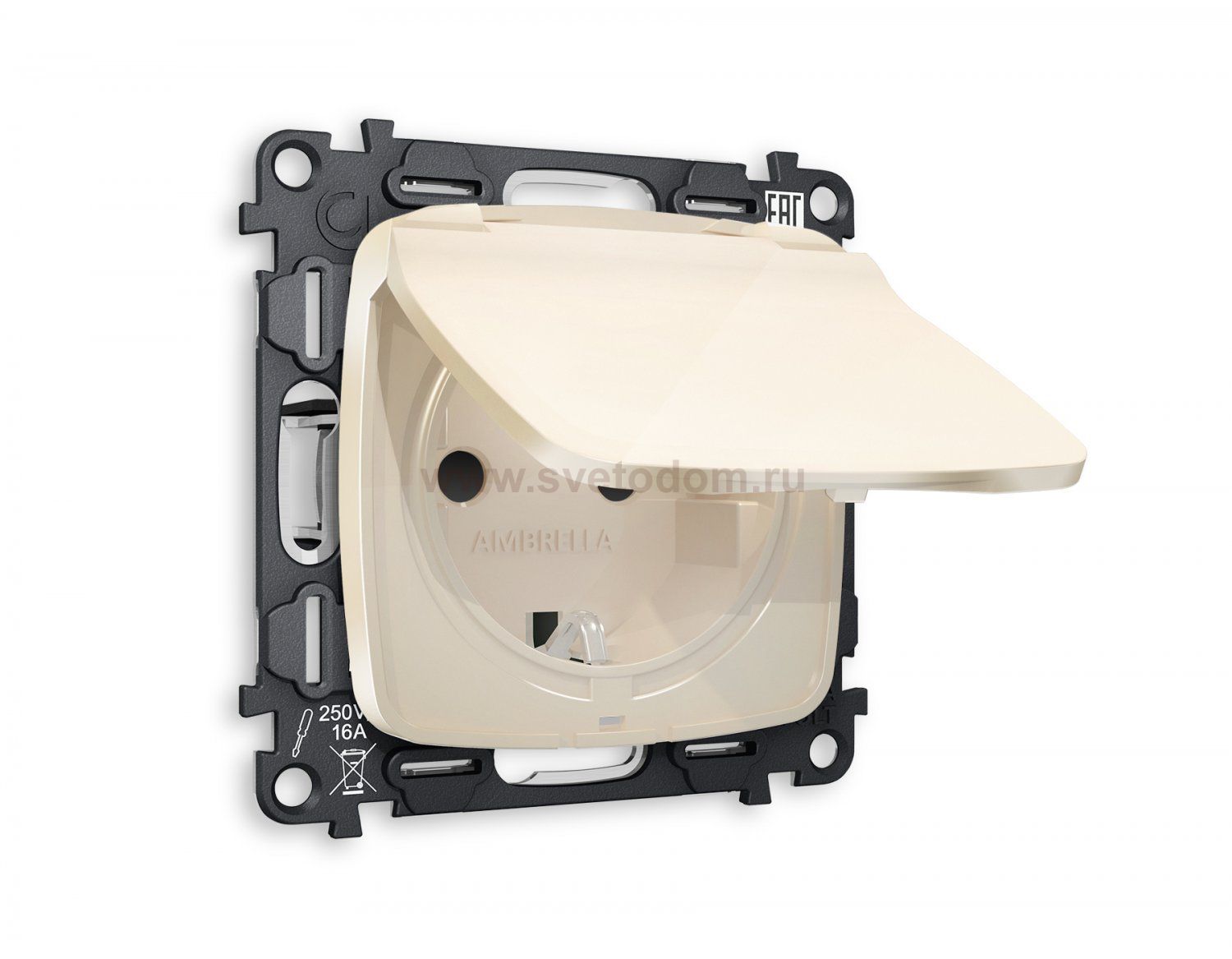Комплект механизма электрической розетки OMEGA MO308010 Бежевый глянец с заземлением с шторками и защитной крышкой 2P+E 16A-250V IP44 QUANT Ambrella Volt