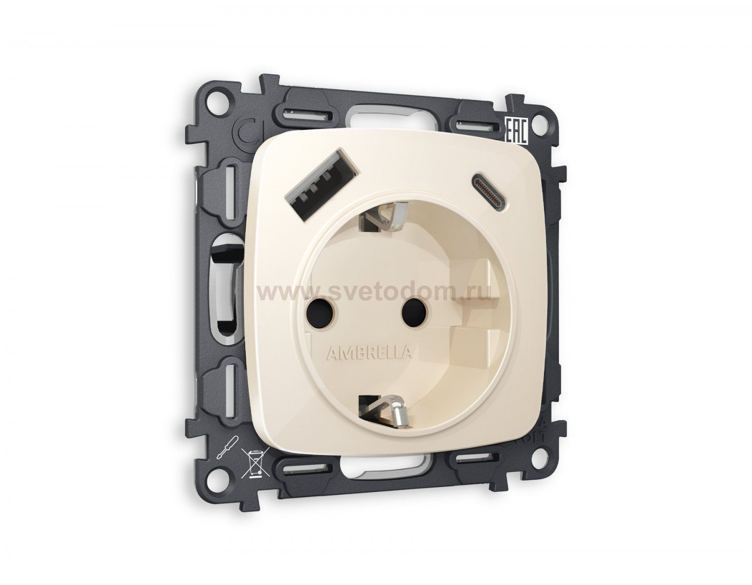 Комплект механизма электрической розетки OMEGA MO310010 Бежевый глянец 2USB A+C 20W быстрая зарядка с заземлением и шторками 2P+E 16A-250V QUANT Ambrella Volt