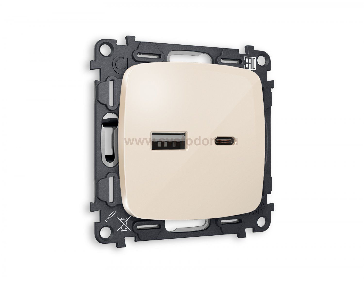 Комплект механизма розетки OMEGA MO311010 Бежевый глянец 2USB A+C 20W быстрая зарядка QUANT Ambrella Volt