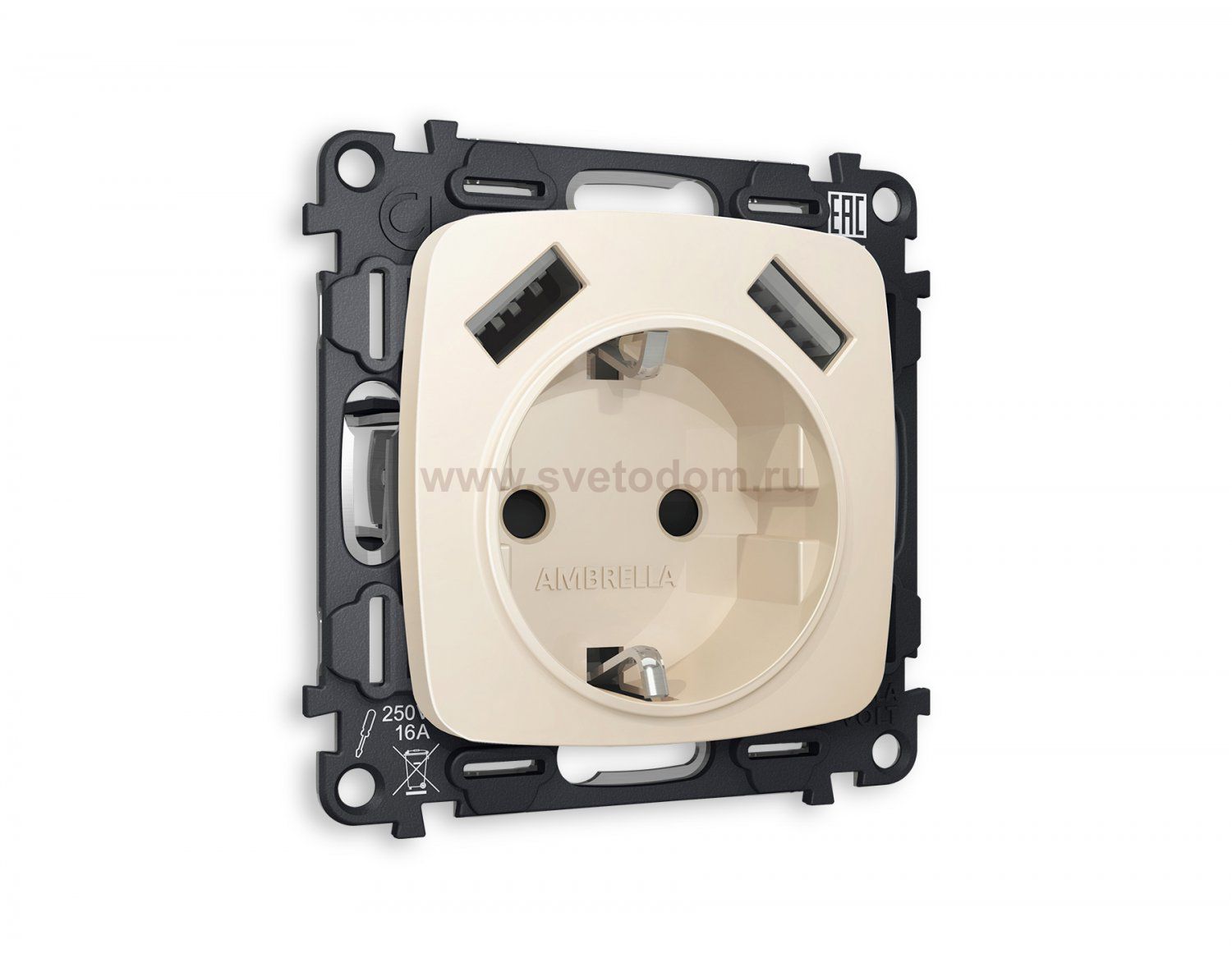 Комплект механизма электрической розетки OMEGA MO329010 Бежевый матовый 2USB A+A 18W быстрая зарядка с заземлением со шторками 2P+E 16A-250V QUANT Ambrella Volt