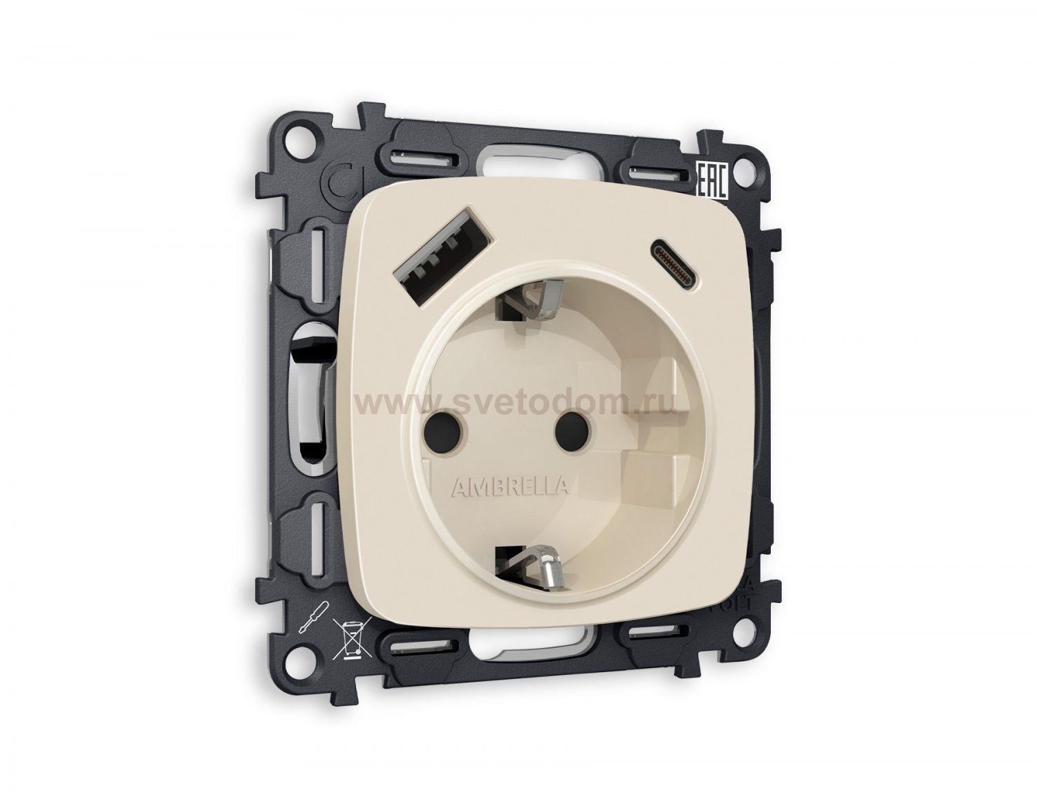 Комплект механизма электрической розетки OMEGA MO330010 Бежевый матовый 2USB A+C 20W быстрая зарядка с заземлением со шторками 2P+E 16A-250V QUANT Ambrella Volt