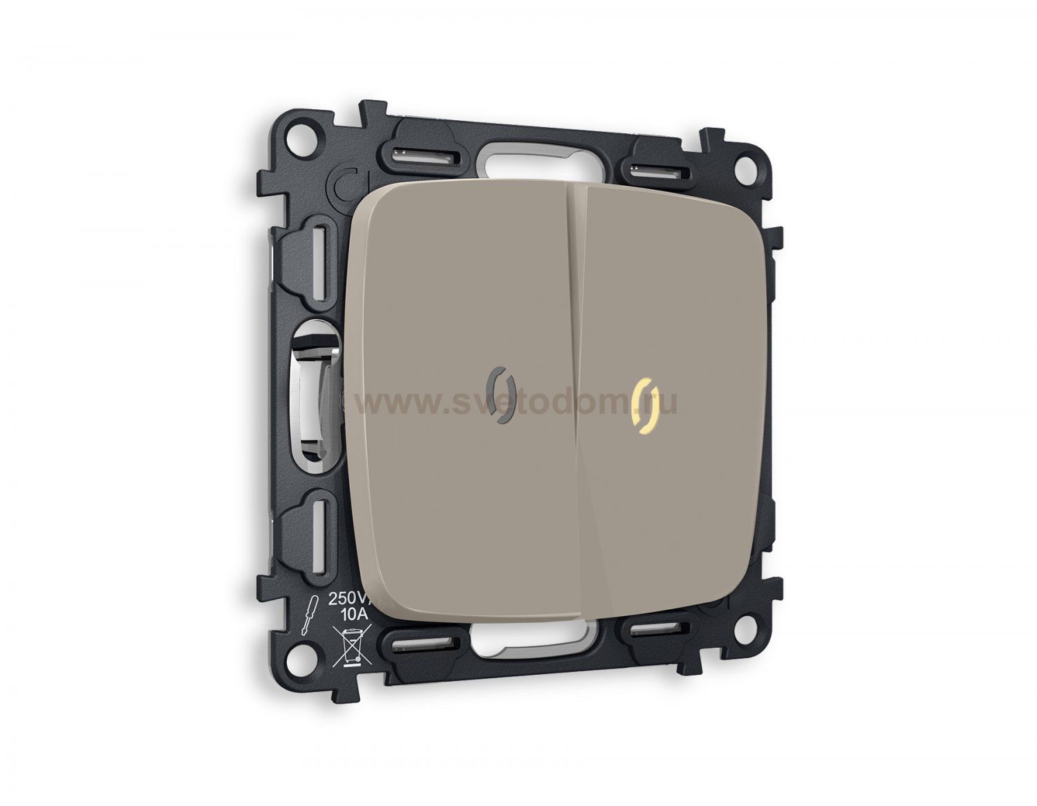 Комплект механизма 2-клавишного проходного выключателя с подсветкой 3200K OMEGA MO364030 Серо-бежевый матовый QUANT Ambrella Volt