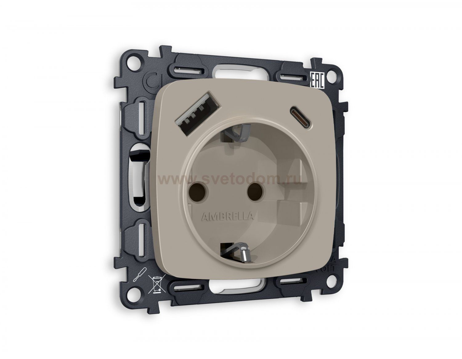 Комплект механизма электрической розетки OMEGA MO370010 Серо-бежевый матовый 2USB A+C 20W быстрая зарядка с заземлением со шторками 2P+E 16A-250 QUANT Ambrella Volt