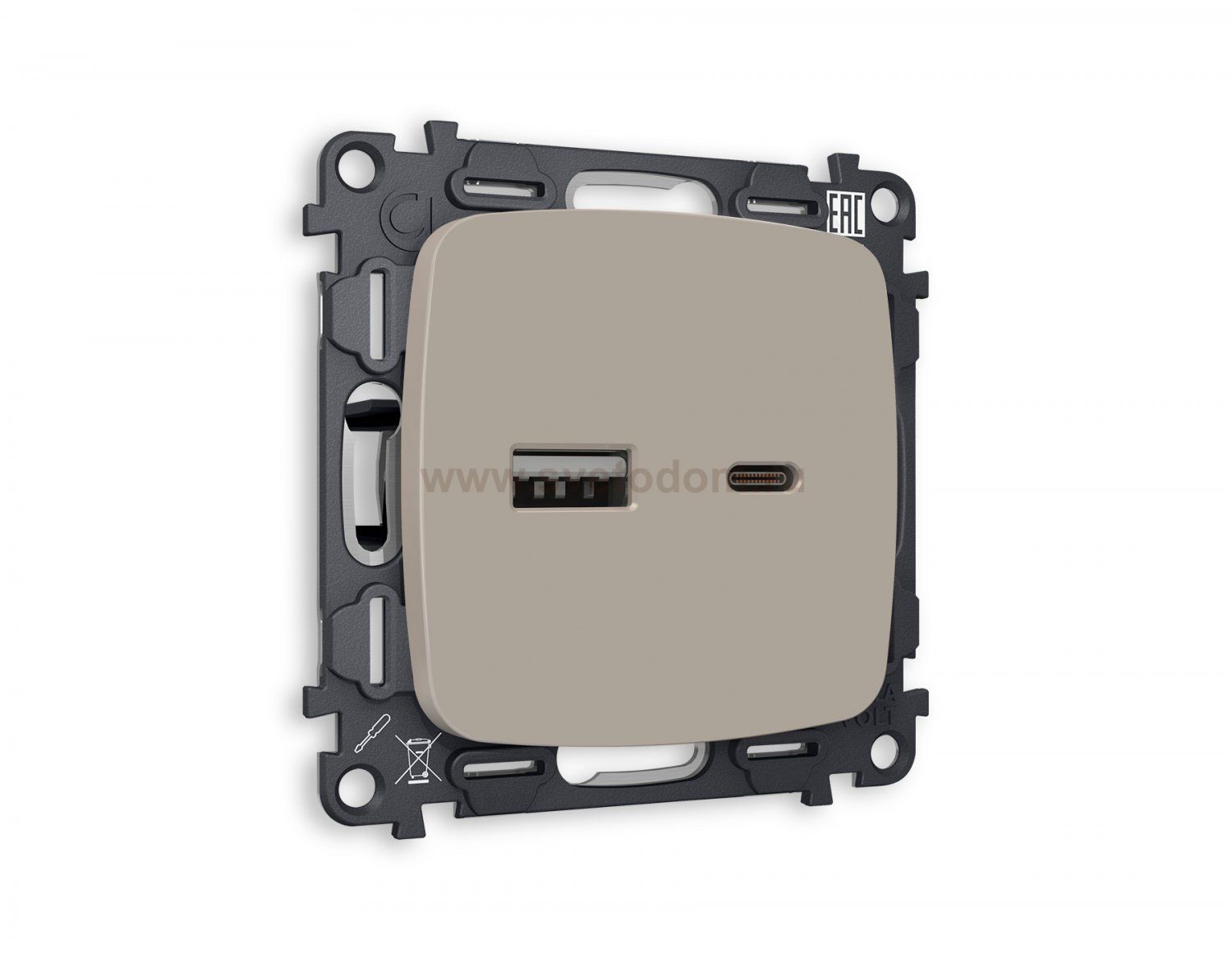 Комплект механизма розетки OMEGA MO371010 Серо-бежевый матовый 2USB A+C 20W быстрая зарядка QUANT Ambrella Volt