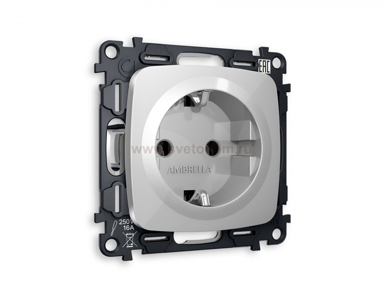 Комплект механизма электрической розетки OMEGA MO406010 Серебро глянец с заземлением на винтовых зажимах 2P+E 16A-250V QUANT Ambrella Volt