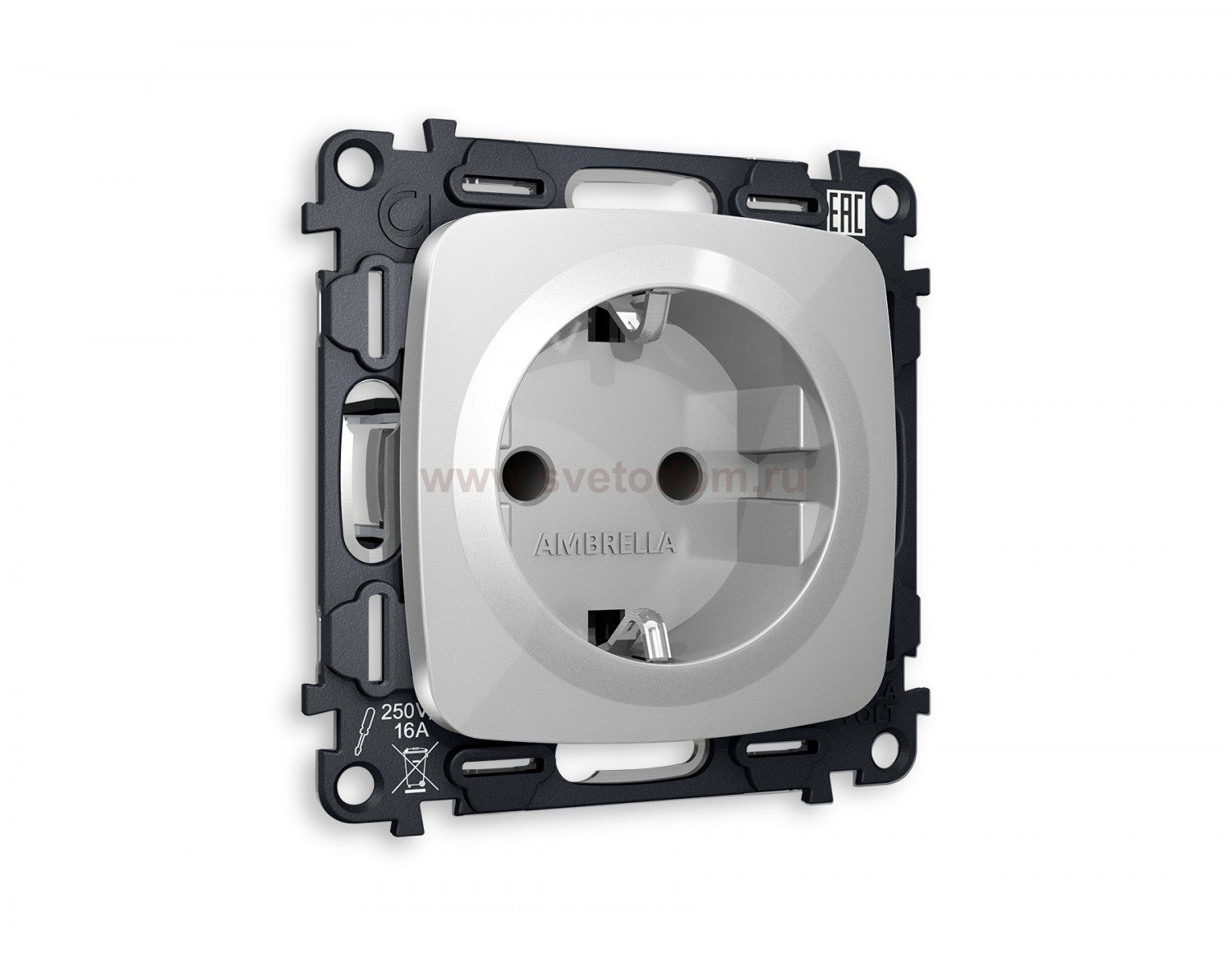 Комплект механизма электрической розетки OMEGA MO407010 Серебро глянец с заземлением и шторками 2P+E 16A-250V QUANT Ambrella Volt