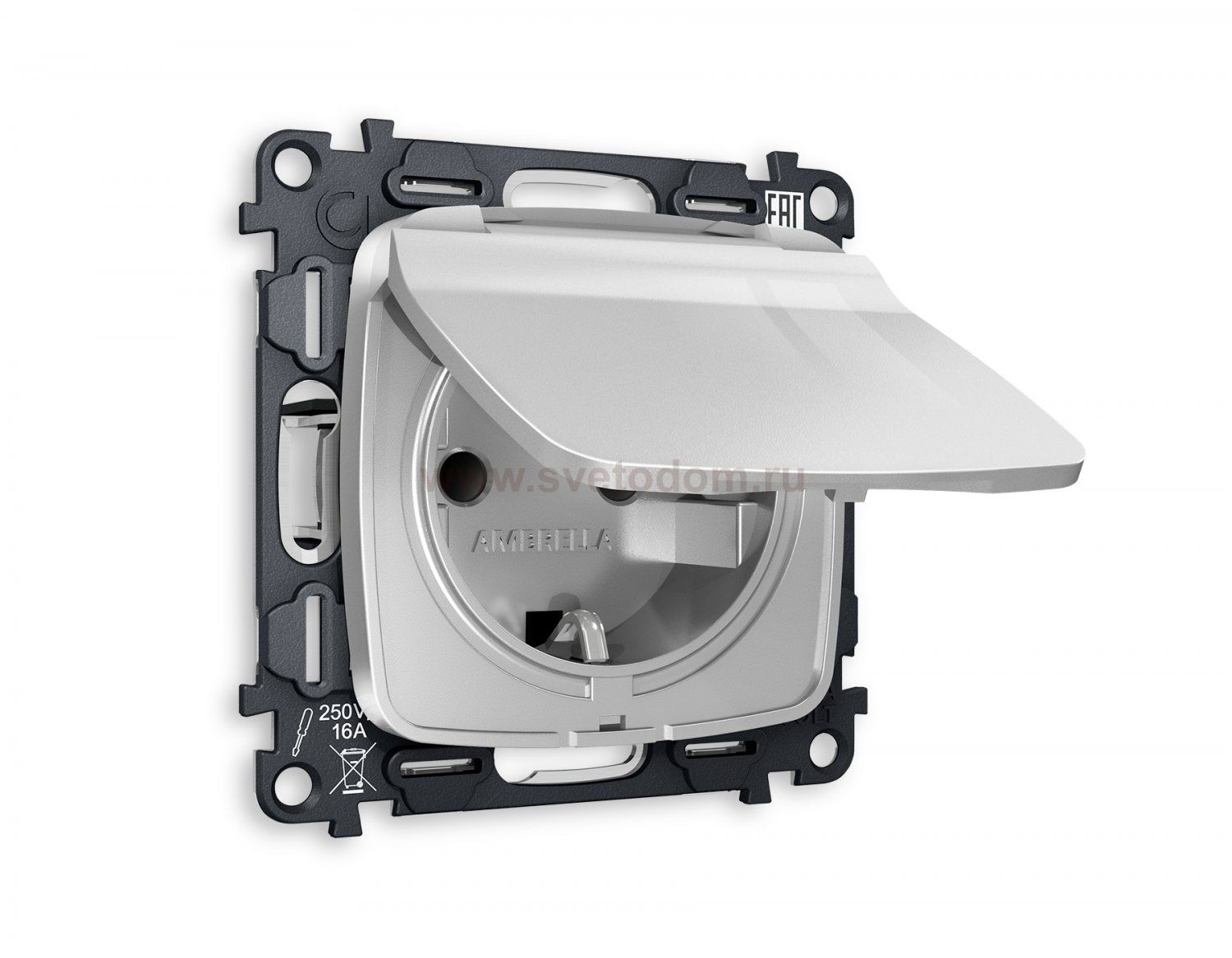 Комплект механизма электрической розетки OMEGA MO408010 Серебро глянец с заземлением с шторками и защитной крышкой 2P+E 16A-250V IP44 QUANT Ambrella Volt