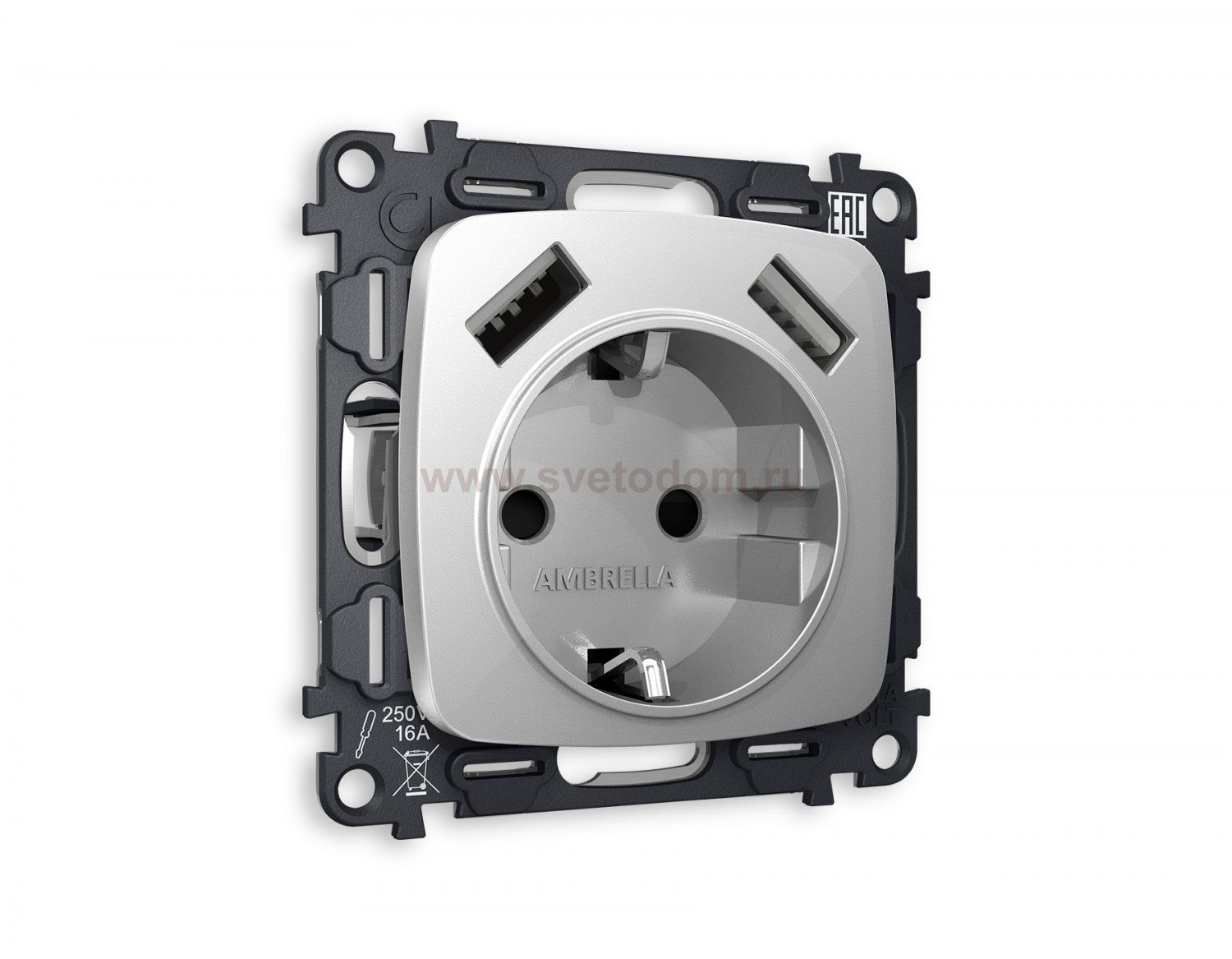 Комплект механизма электрической розетки OMEGA MO409010 Серебро глянец 2USB A+A 18W быстрая зарядка с заземлением и шторками 2P+E 16A-250V QUANT Ambrella Volt