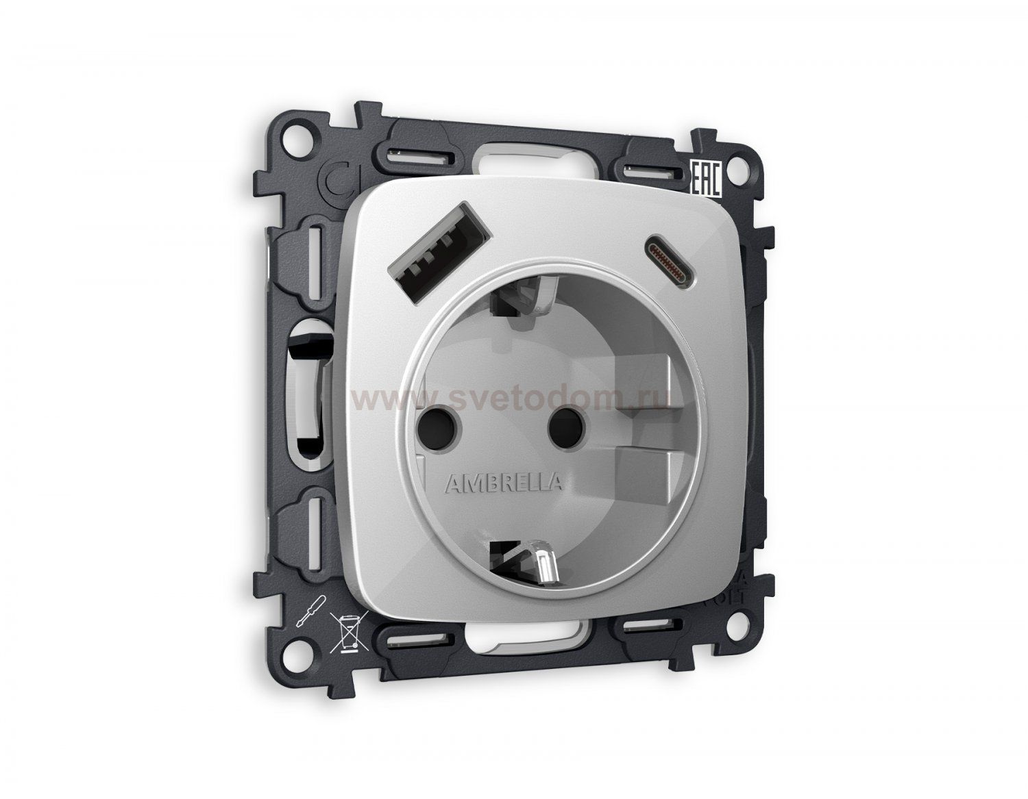 Комплект механизма электрической розетки OMEGA MO410010 Серебро глянец 2USB A+C 20W быстрая зарядка с заземлением и шторками 2P+E 16A-250V QUANT Ambrella Volt