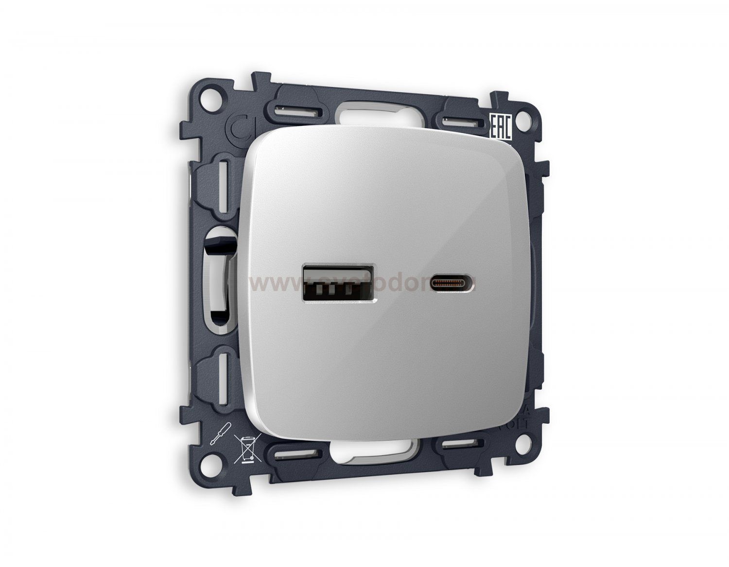 Комплект механизма розетки OMEGA MO411010 Серебро глянец 2USB A+C 20W быстрая зарядка QUANT Ambrella Volt