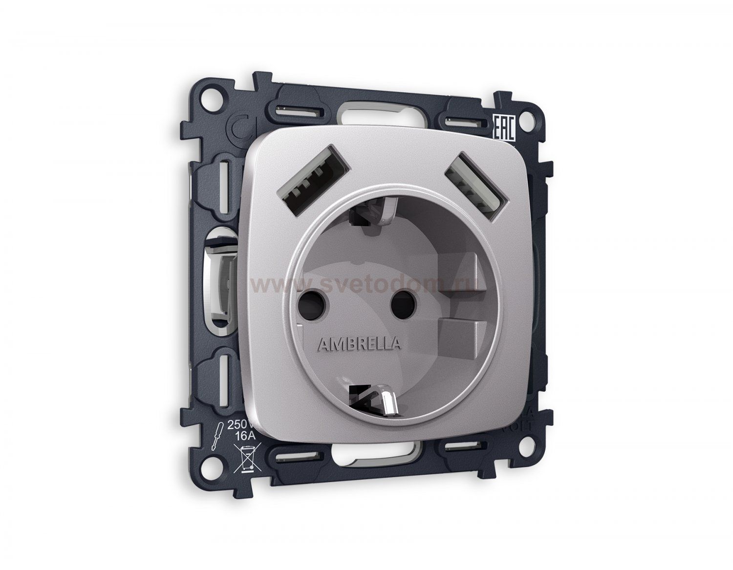 Комплект механизма электрической розетки OMEGA MO509010 Сталь матовый 2USB A+A 18W быстрая зарядка с заземлением и шторками 2P+E 16A-250V QUANT Ambrella Volt