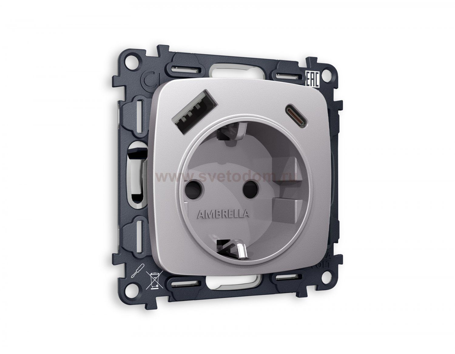 Комплект механизма электрической розетки OMEGA MO510010 Сталь матовый 2USB A+C 20W быстрая зарядка с заземлением и шторками 2P+E 16A-250V QUANT Ambrella Volt