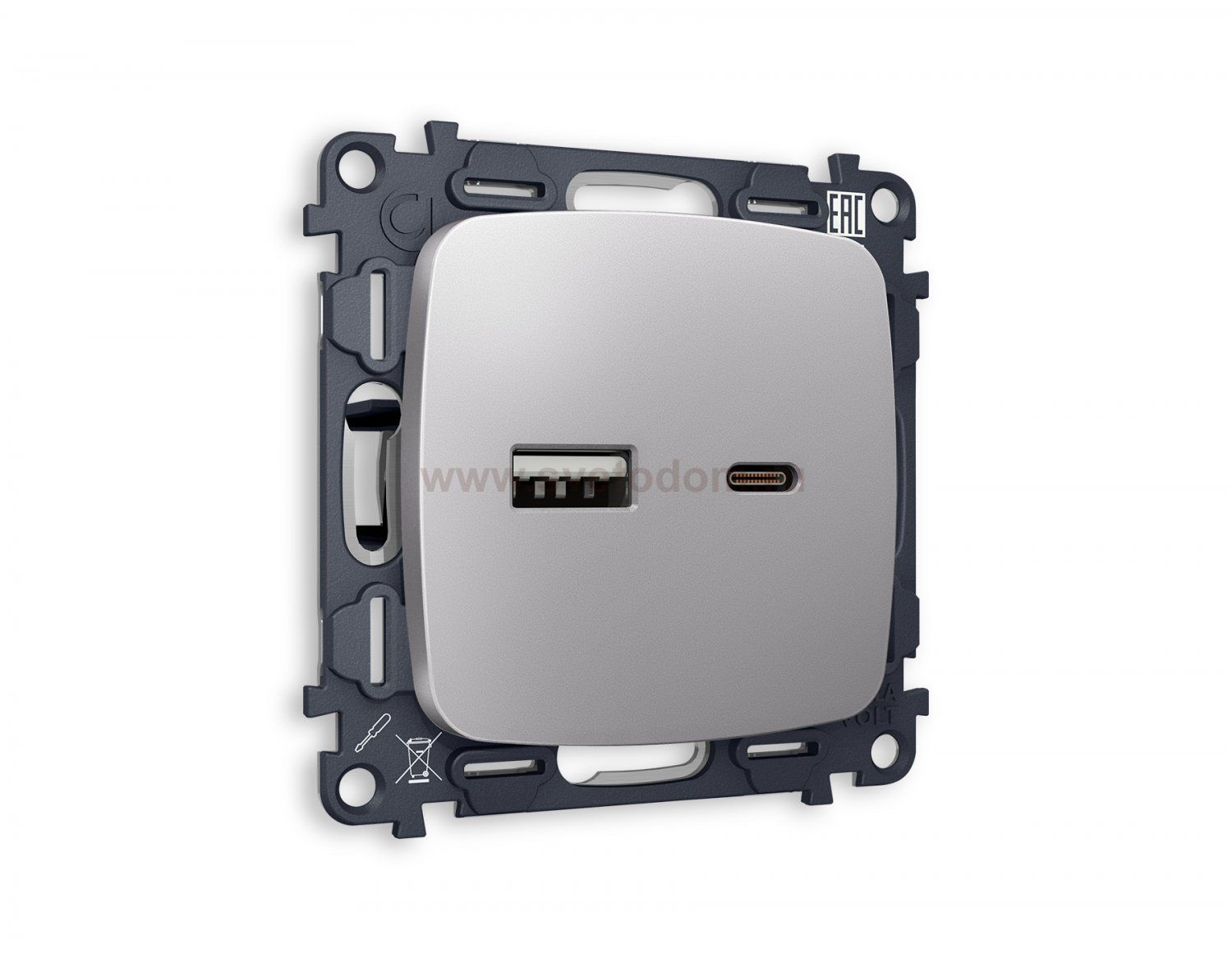 Комплект механизма розетки OMEGA MO511010 Сталь матовый 2USB A+C 20W быстрая зарядка QUANT Ambrella Volt