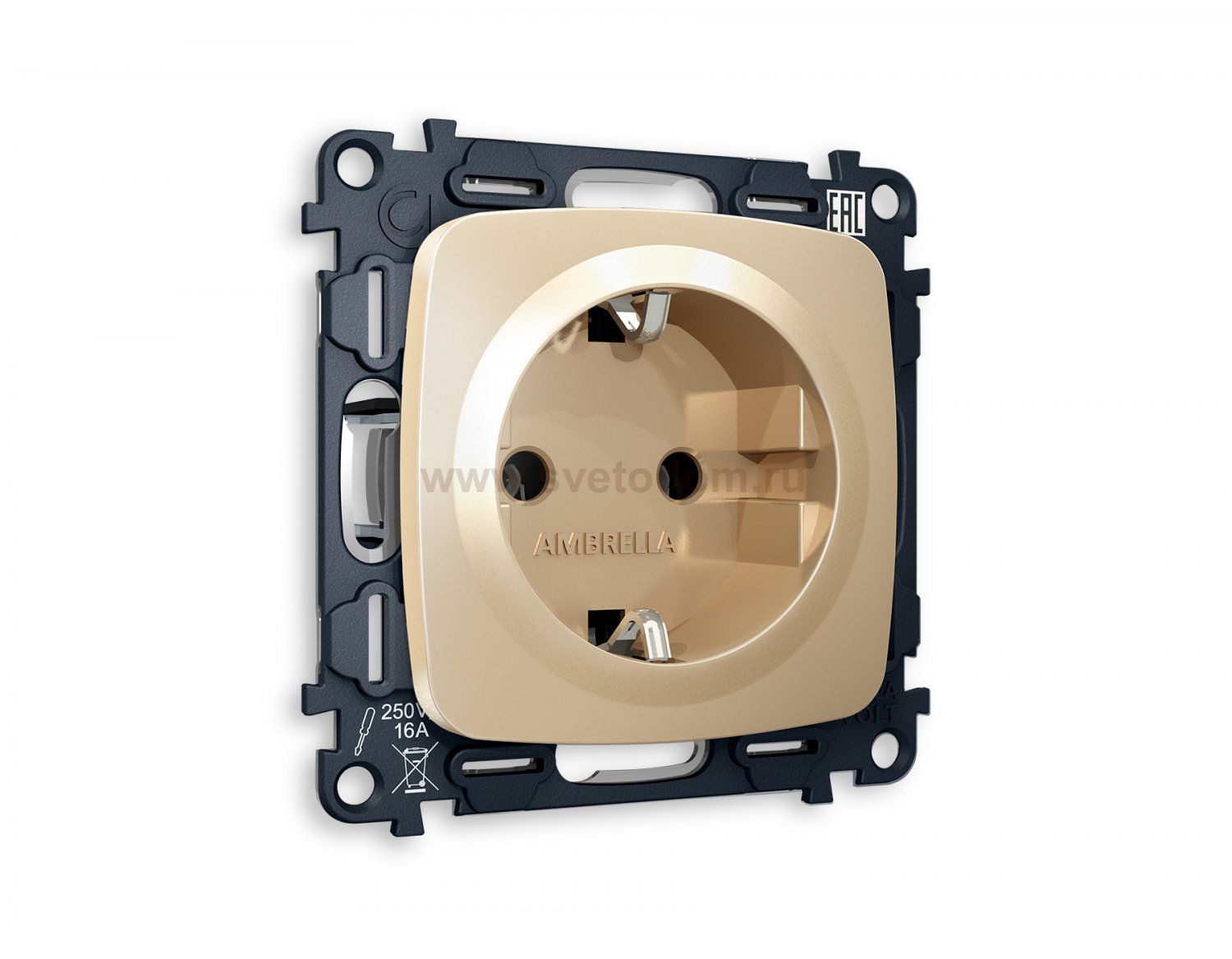 Комплект механизма электрической розетки OMEGA MO606010 Шампань с заземлением на винтовых зажимах 2P+E 16A-250V QUANT Ambrella Volt