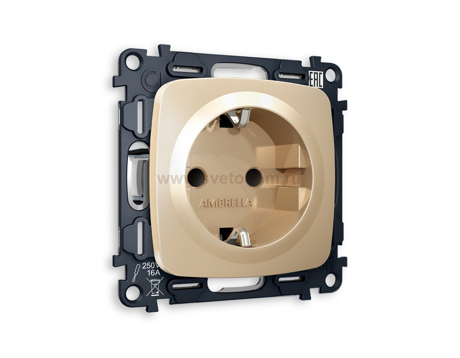 Комплект механизма электрической розетки OMEGA MO607010 Шампань с заземлением и шторками 2P+E 16A-250V QUANT Ambrella Volt