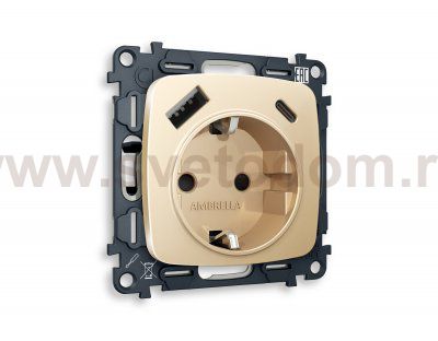 Комплект механизма электрической розетки OMEGA MO610010 Шампань 2USB A+C 20W быстрая зарядка с заземлением и шторками 2P+E 16A-250V QUANT Ambrella Volt