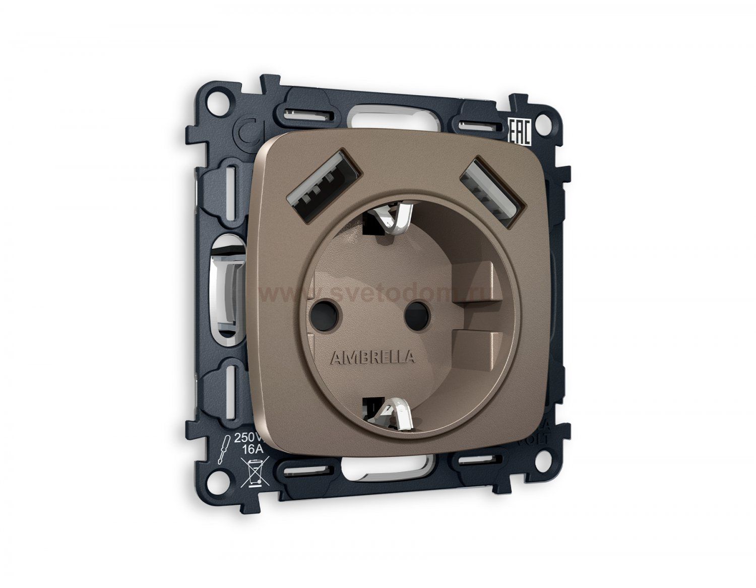 Комплект механизма электрической розетки OMEGA MO639010 Темная бронза матовый 2USB A+A 18W быстрая зарядка с заземлением и шторками 2P+E 16A-250 QUANT Ambrella Volt