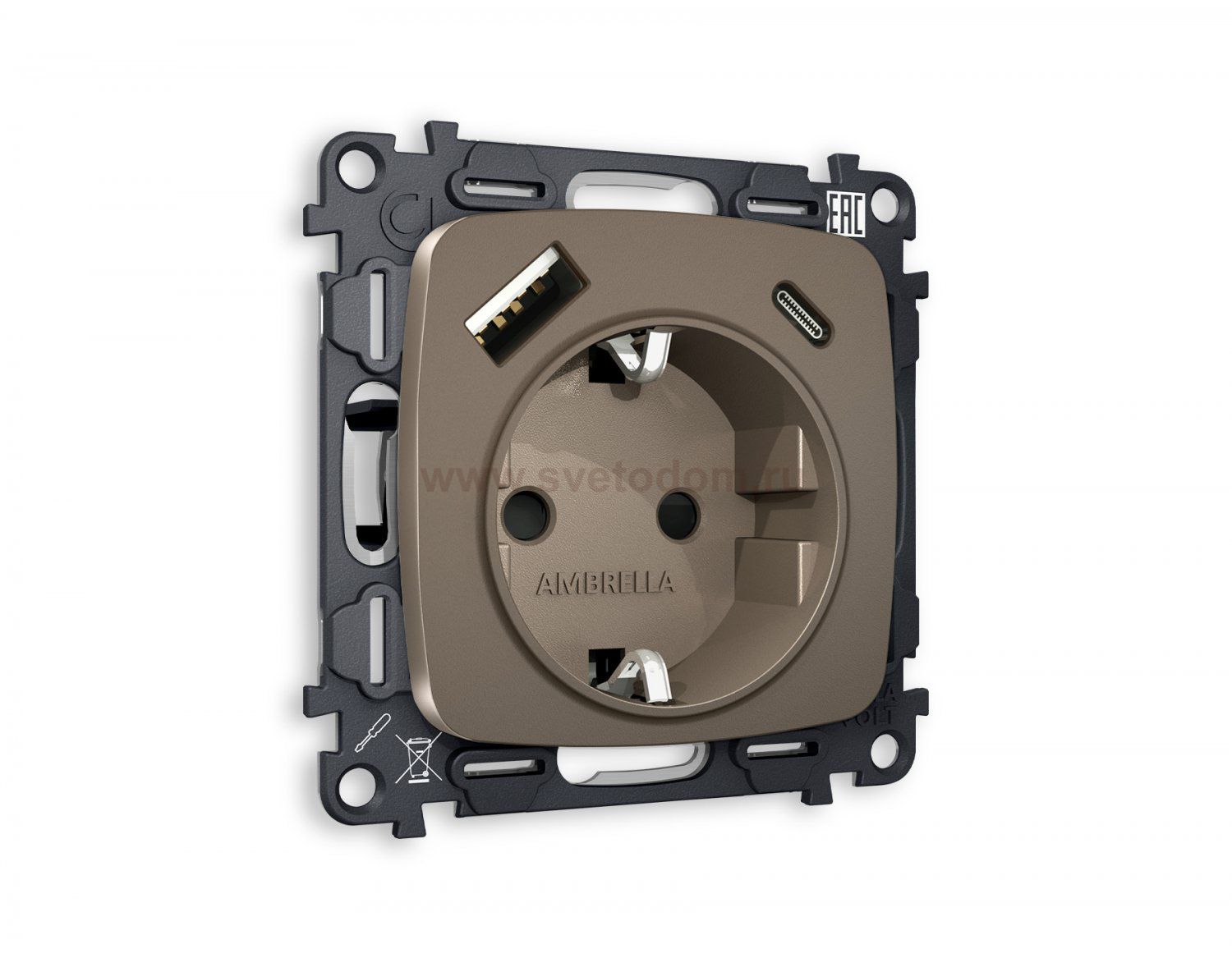 Комплект механизма электрической розетки OMEGA MO640010 Темная бронза матовый 2USB A+C20W быстрая зарядка с заземлением и шторками 2P+E 16A-250V QUANT Ambrella Volt