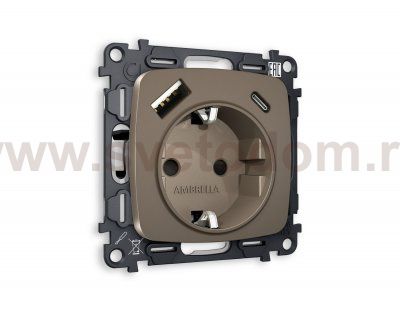 Комплект механизма электрической розетки OMEGA MO640010 Темная бронза матовый 2USB A+C20W быстрая зарядка с заземлением и шторками 2P+E 16A-250V QUANT Ambrella Volt