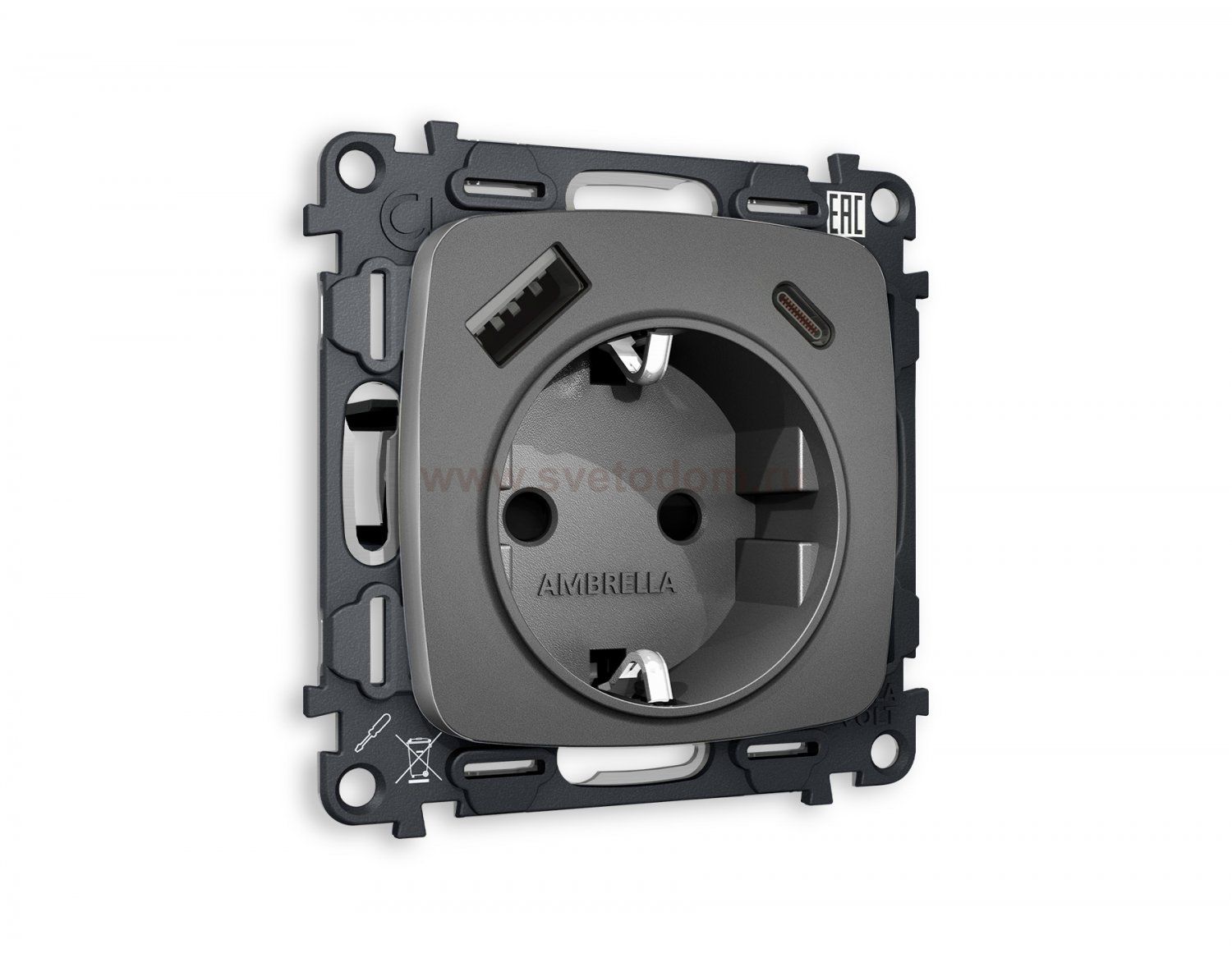 Комплект механизма электрической розетки OMEGA MO660010 Антрацит серый 2USB A+C 20W быстрая зарядка с заземлением и шторками 2P+E 16A-250V QUANT Ambrella Volt