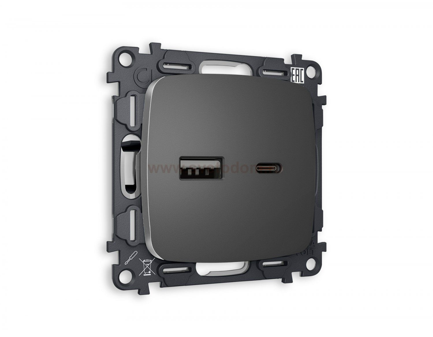 Комплект механизма розетки OMEGA MO661010 Антрацит серый 2USB A+C 20W быстрая зарядка QUANT Ambrella Volt