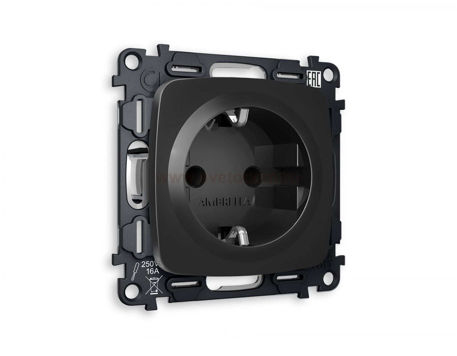Комплект механизма электрической розетки OMEGA MO807010 Черный матовый с заземлением и шторками 2P+E 16A-250V QUANT Ambrella Volt