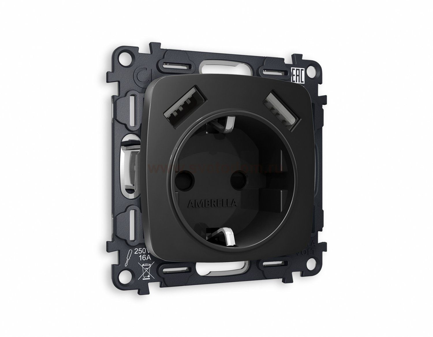 Комплект механизма электрической розетки OMEGA MO809010 Черный матовый 2USB A+A 18W быстрая зарядка с заземлением и шторками 2P+E 16A-250V QUANT Ambrella Volt