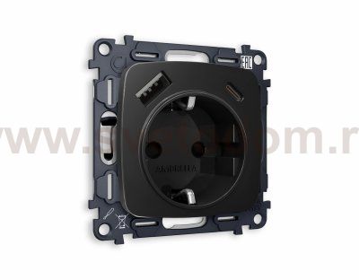 Комплект механизма электрической розетки OMEGA MO810010 Черный матовый 2USB A+C 20W быстрая зарядка с заземлением и шторками 2P+E 16A-250V QUANT Ambrella Volt