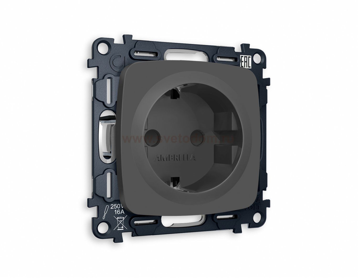 Комплект механизма электрической розетки OMEGA MO907010 Графит мягкое касание с заземлением и шторками 2P+E 16A-250V QUANT Ambrella Volt