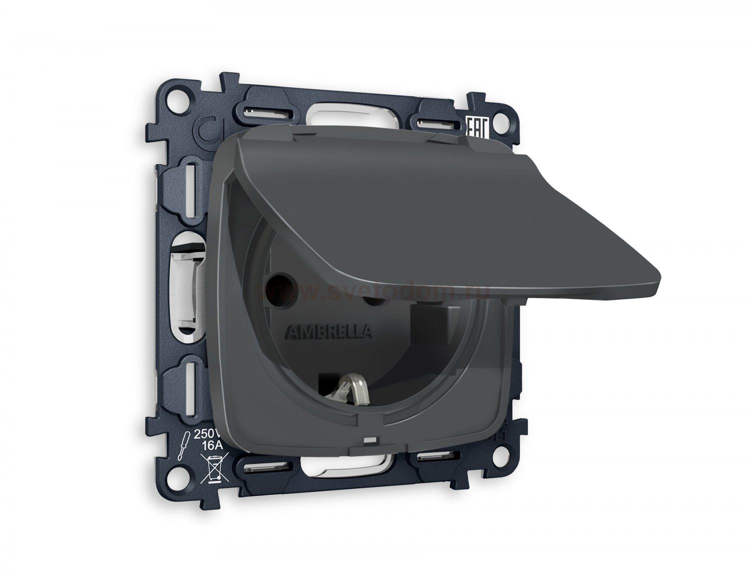 Комплект механизма электрической розетки OMEGA MO908010 Графит мягкое касание с заземлением с шторками и защитной крышкой 2P+E 16A-250V IP44 QUANT Ambrella Volt