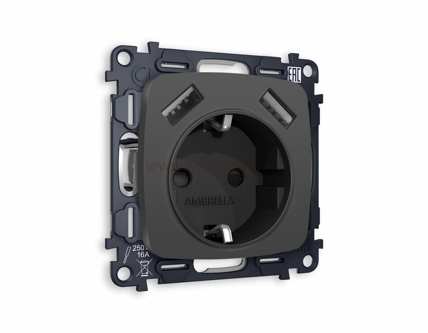 Комплект механизма электрической розетки OMEGA MO909010 Графит мягкое касание 2USB A+A 18W быстрая зарядка с заземлением и шторками 2P+E 16A-250 QUANT Ambrella Volt