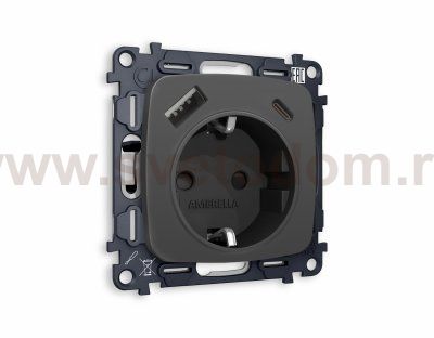 Комплект механизма электрической розетки OMEGA MO910010 Графит мягкое касание 2USB A+C 20W быстрая зарядка с заземлением и шторками 2P+E 16A-250 QUANT Ambrella Volt