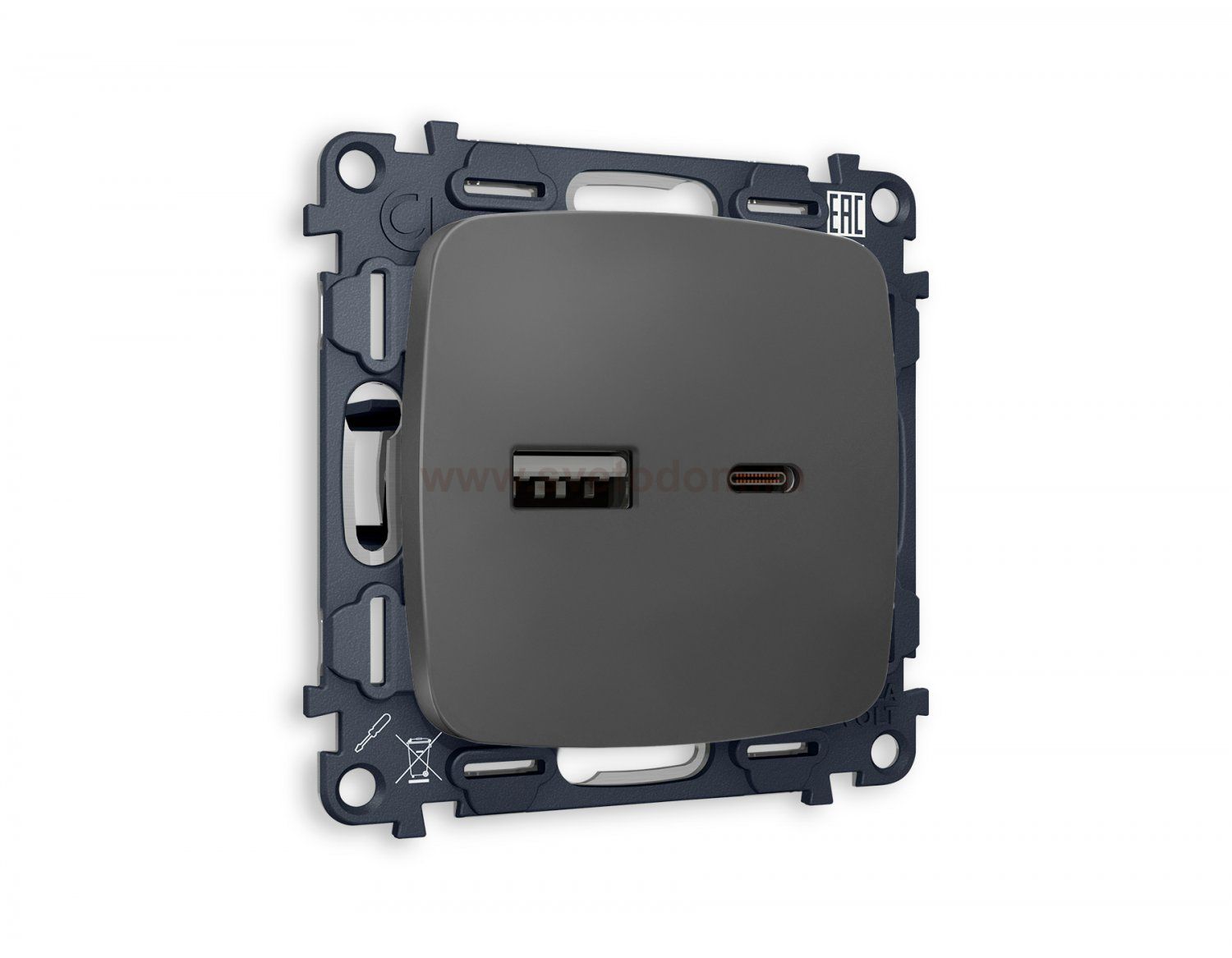 Комплект механизма розетки OMEGA MO911010 Графит мягкое касание 2USB A+C 20W быстрая зарядка QUANT Ambrella Volt