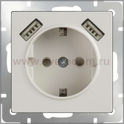 Розетка с заземлением, шторками и USBх2 (слоновая кость) WL03-SKGS-USBx2-IP20 Werkel