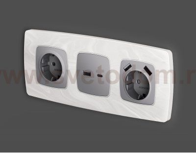 Лицевая панель OMEGA (Сталь матовый) для электрической розетки с заземлением со шторками 2USB A+A QUANT OP5090 Ambrella Volt